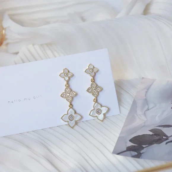 NEW 14K Gold Plated Diamond Clover Drop Earrings - Picture 5 of 7